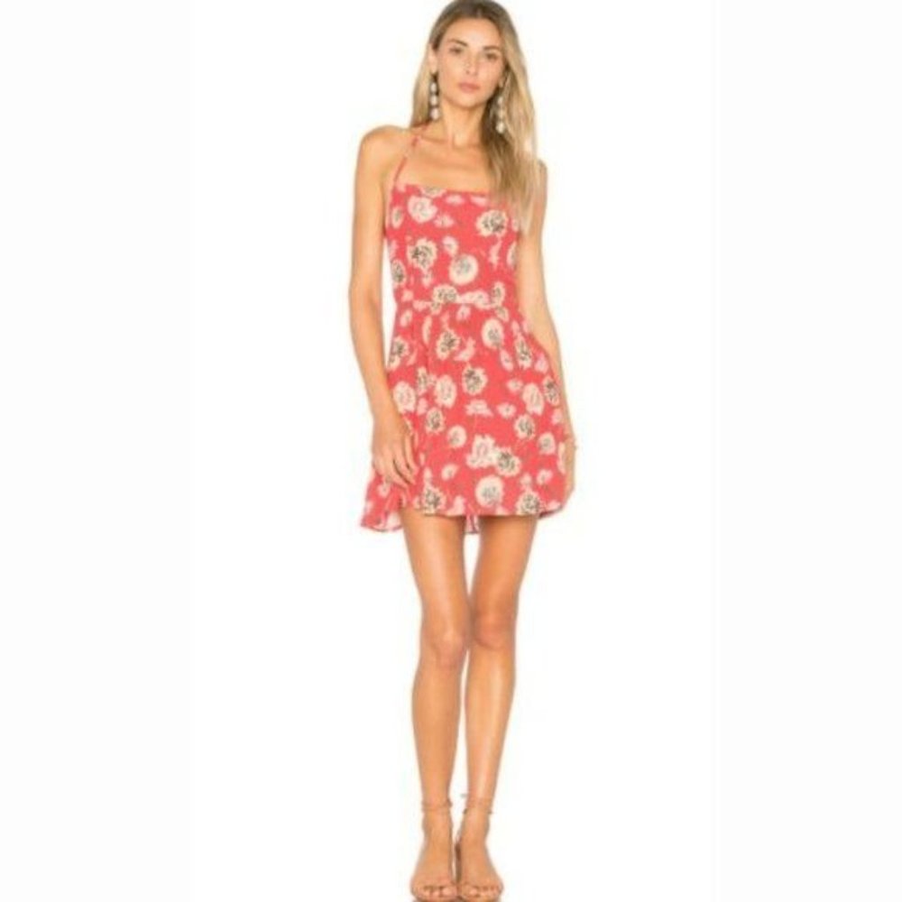 Flynn Skye Red Firework Floral Mini Halter Open Tie Back Dress Medium